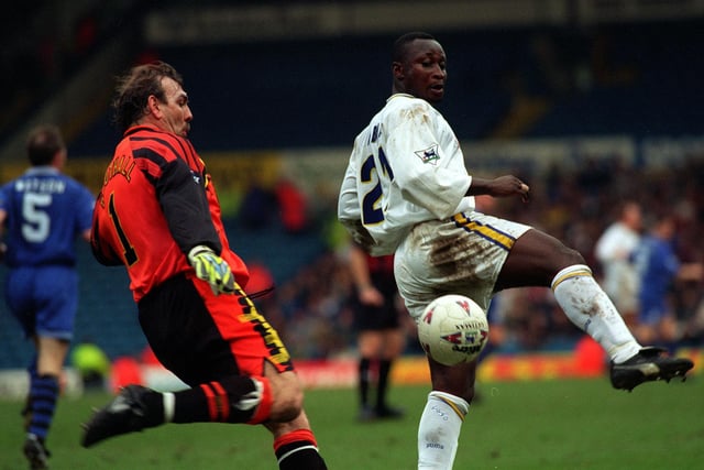 Everton goalkeeper Neville Southall tries to clear the ball despite the attentions of Tony Yeboah during the Premier League clash at Elland Road in March 1997. Leeds won 1-0.