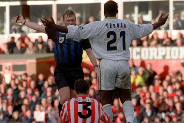 Tony Yeboah appeals to referee Graham Poll after a confrontation with Sunderland's Martin Scott during the Premier League clash at Roker Park in February 1997. Leeds won 1-0 thanks to a goal from Lee Bowyer.