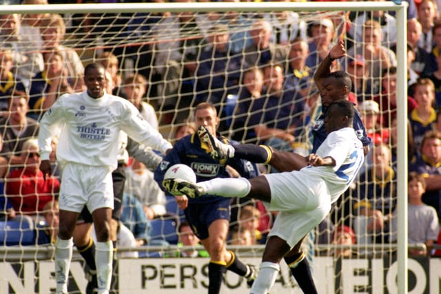 Tony Yeboah puts one in the back of the net on his way to a hat-trick against Wimbledon at Selhurst Park in September 1995.