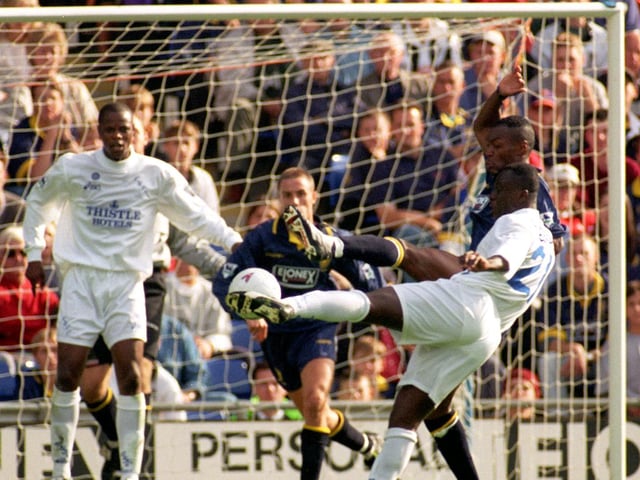 Tony Yeboah puts one in the back of the net on his way to a hat-trick against Wimbledon at Selhurst Park in September 1995.