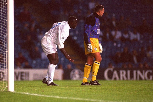Tony Yeboah shakes off an ankle injury during the Cola Cup second round first leg clash against Notts County at Elland Road in September 1995. The game finished goalless.