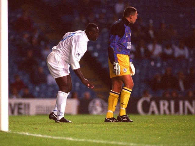 Tony Yeboah shakes off an ankle injury during the Cola Cup second round first leg clash against Notts County at Elland Road in September 1995. The game finished goalless.