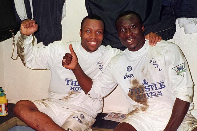 Tony Yeoboah celebrates with strike partner Rod Wallace after Leeds United beat Birmingham City 3-0 in the Coca-Cola Cup semi-final second leg at Elland Road in February 1996.