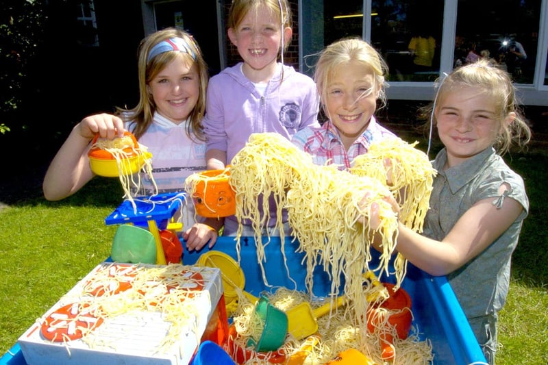Having fun with spaghetti at the Interactive summer fun day at Eskdale.