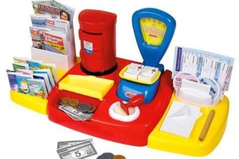Set Includes - post box, weighing scales, cash drawer, stamper, coins and notes, numerous magazines and newspaper titles, envelopes, post cards, play stamps, greetings cards, stamper, opening post box, tax discs, vehicle licences and all the forms and accessories you would expect from your local post office - £9