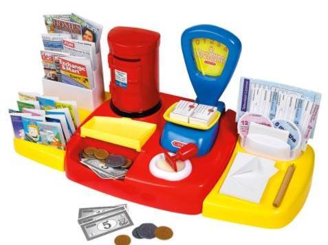 Set Includes - post box, weighing scales, cash drawer, stamper, coins and notes, numerous magazines and newspaper titles, envelopes, post cards, play stamps, greetings cards, stamper, opening post box, tax discs, vehicle licences and all the forms and accessories you would expect from your local post office - £9