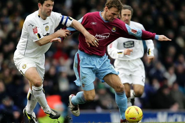 Paul Butler and West Ham United striker fight for control of the ball during the Championship clash at Elland Road in February 2005.