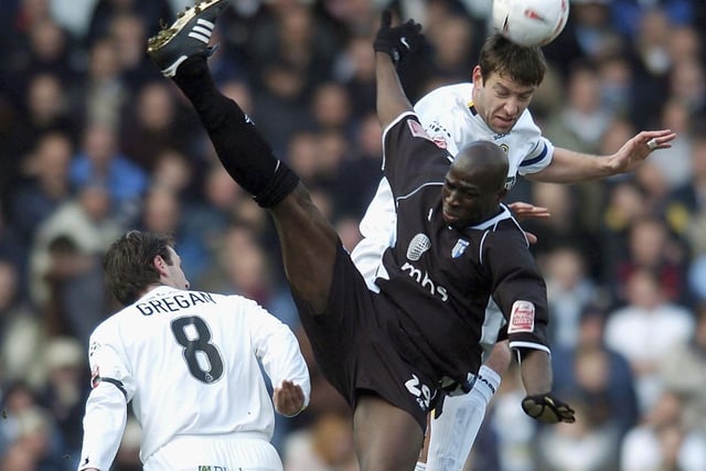 Paul Butler wins the header ahead of Gillingham's Mamady Sidibe during the Championship clash at Elland Road in March 2005.