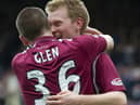 Andrew Driver celebrates after opening the scoring with Gary Glen who later scored the second