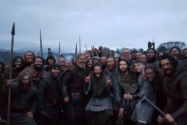 Eric Murdoch far left with Chris Pine on location with Chris Pine for Outlaw King