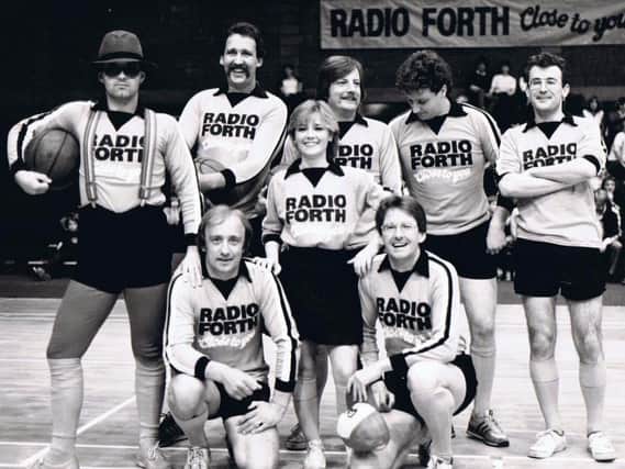 The Radio Forth basketball team: From left to right looking at the picture, presenters Jay Crawford, Graham Jackson, Bob Malcolm, the late Colin Somerville, Mark Hagan. Bottom row, Mike Scot, Karen Campbell (receptionist), Dick Barrie.
