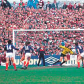 Dundee's Albert Kidd (No 14) delivered two devastating blows to Hearts' title bid. Picture: SNS