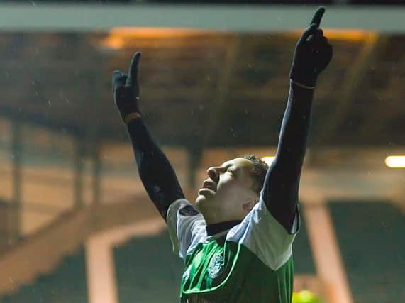 Abdessalam Benjelloun looks to the heavens after his solo effort for Hibs' fourth