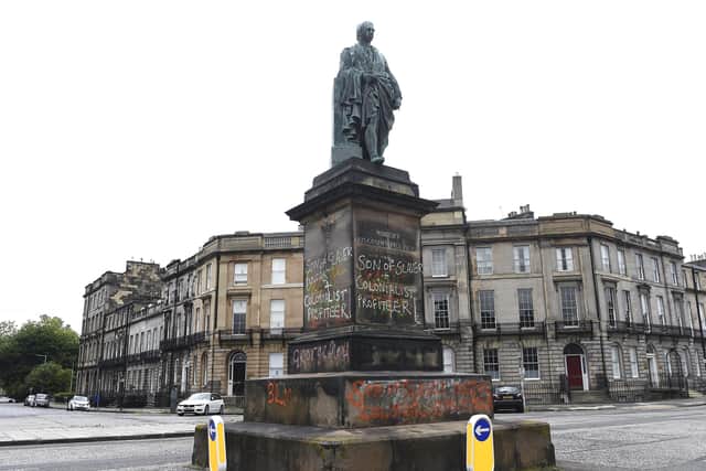 The statue of Robert Melville on Melville Street has been tagged with graffiti. Picture: Lisa Ferguson