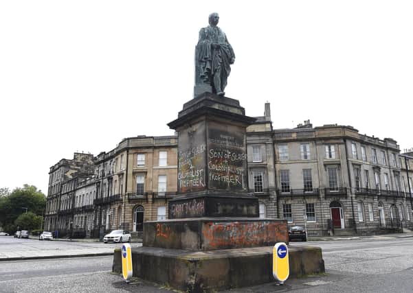 The statue of Robert Melville on Melville Street has been tagged with graffiti. Picture: Lisa Ferguson