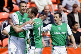Colin Nish (left) is hailed after opening the scoring for Hibs in the win over Dundee United at Tannadice on May 9, 2010. Pic: SNS Group Andrew West