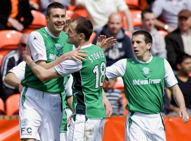 Colin Nish (left) is hailed after opening the scoring for Hibs in the win over Dundee United at Tannadice on May 9, 2010. Pic: SNS Group Andrew West