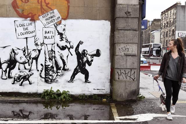 A passer-by checks out the new artwork by The Rebel Bear in Leith (Picture: Lisa Ferguson)