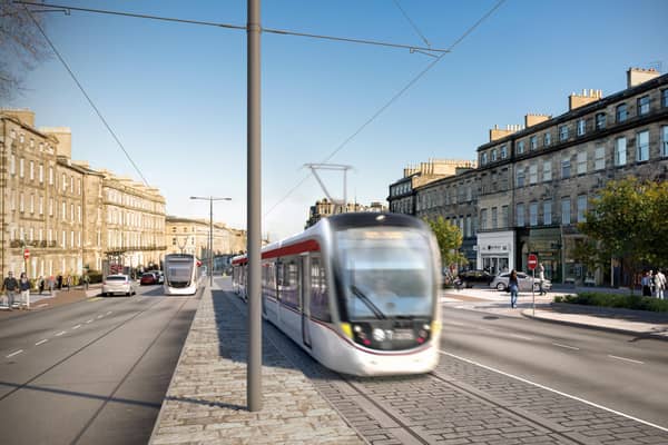 An artist’s impression of trams on Leith Walk at Elm Row