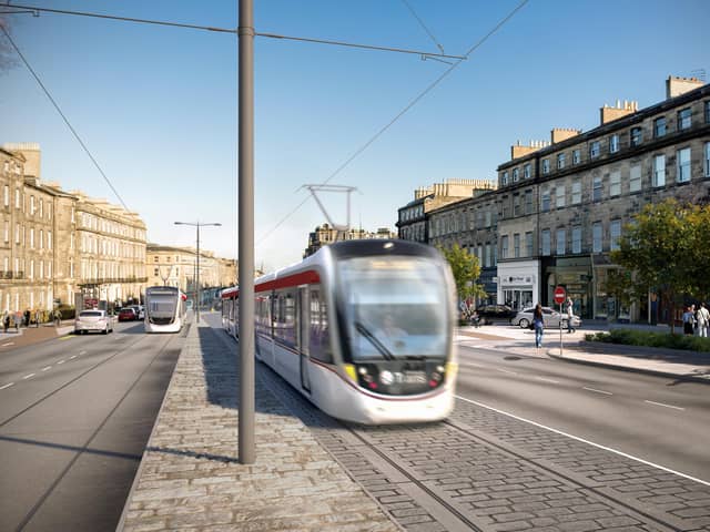 An artist’s impression of trams on Leith Walk at Elm Row
