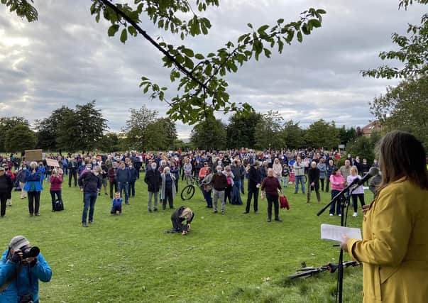 Lesley Macinnes faces the crowd at the Gyle Park meeting (Picture: Alex Cole-Hamilton)