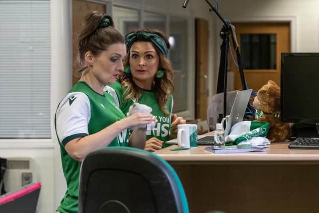 The Malaprop Sisters in the Hibs ticket office