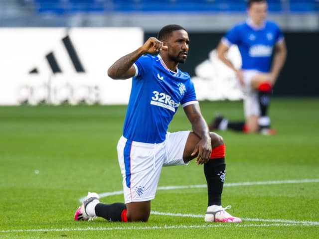 Rangers forward Jermain Defoe takes the knee before the friendly match against Nice. Picture: SNS