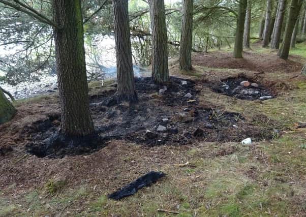 Abandoned bonfires which were still alight dangerously close to woodland at Gladhouse Reservoir.