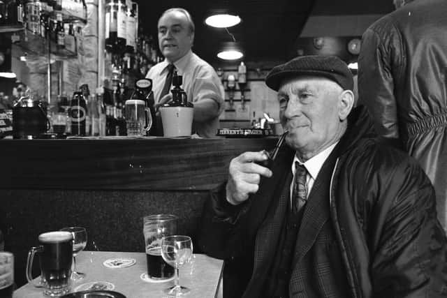 83-year-old Bob Cunningham enjoys a pint at the Royal Tavern, Thornton, Fife, on the first Sunday opening in October 1977. Picture: TSPL