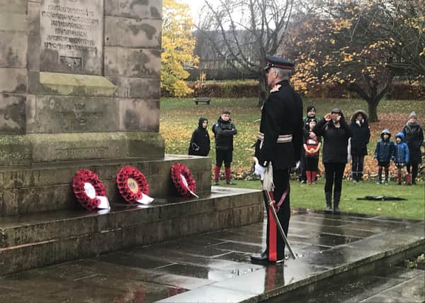 Lord Lieutenant of Midlothian, Richard Callander laying a wreath at the war memorial in Dalkeith. Photo by Fraser Parkinson.