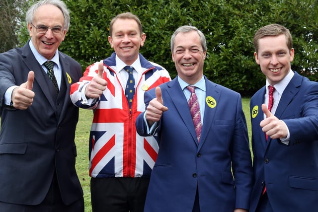 Grassroots Out campaigners l-r Peter Bone, Philip Hollobone, Nigel Farage and Tom Pursglove