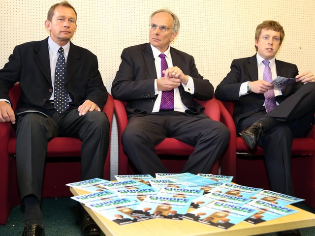 Have Your Say! l-r Philip Hollobone MP for Kettering, Peter Bone MP for Wellingborough and Rushden, Tom Pursglove (then Conservative parliamentary candidate for Corby and East Northants)...Friday 23rd May 2014.