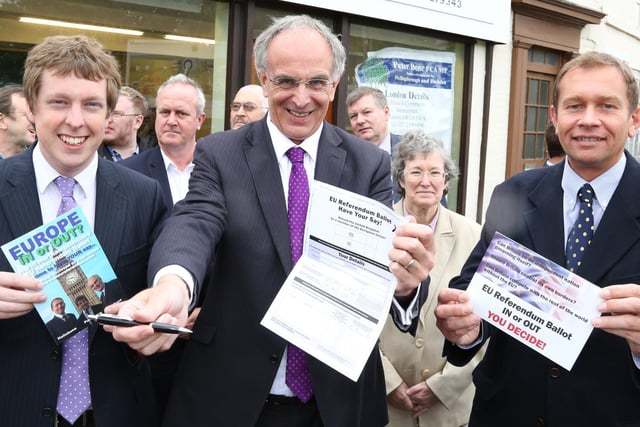 Have Your Say! ...l-r Tom Pursglove (Conservative parliamentary candidate for Corby and East Northants), Peter Bone MP for Wellingborough and Rushden, Philip Hollobone MP for Kettering,...Friday 23rd May 2014.