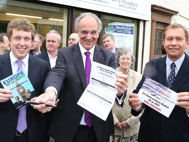 Have Your Say! ...l-r Tom Pursglove (Conservative parliamentary candidate for Corby and East Northants), Peter Bone MP for Wellingborough and Rushden, Philip Hollobone MP for Kettering,...Friday 23rd May 2014.