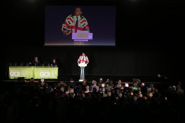 Grassroots Out: Kettering: Philip Hollobone MP for Kettering addresses the packed arena at Kettering Leisure Village
Saturday 23 January 2016