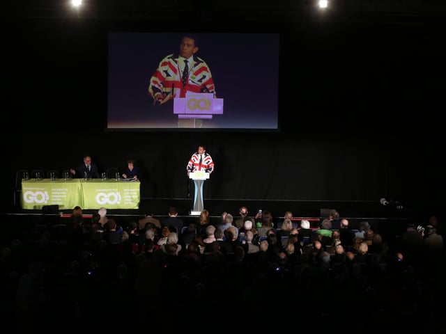 Grassroots Out: Kettering: Philip Hollobone MP for Kettering addresses the packed arena at Kettering Leisure Village
Saturday 23 January 2016