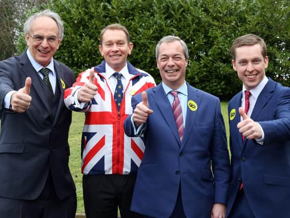 Grassroots Out campaigners l-r Peter Bone, Philip Hollobone, Nigel Farage and Tom Pursglove