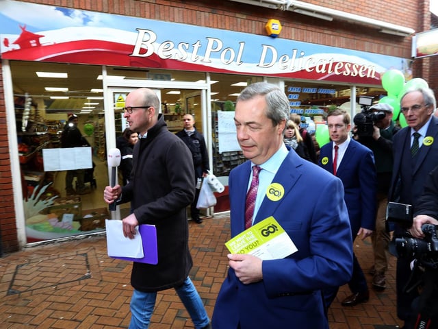 Grassroots Out: Wellingborough: MEP Nigel Farage , Peter Bone MP for Wellingborough, Tom Pursglove MP for Corby and East Northants, walkabout in Wellingborough to publicise the Grassroots Out - EU referendum
Saturday 23 January 2016