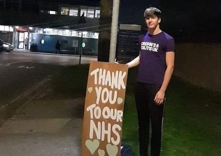 Jack Angell thanks the NHS with his homemade sign