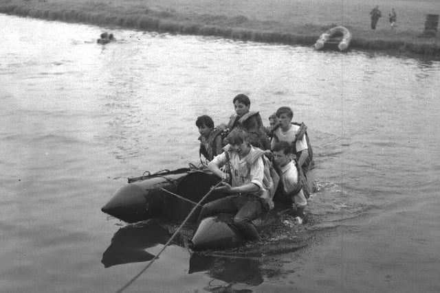 A raft crosses the river at Midsummer Meadow, Northampton on September 14, 1968