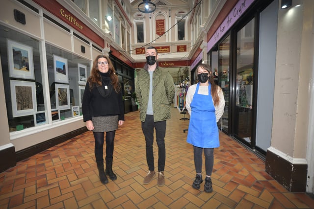 Queens Arcade in Hastings: L-R Suzie Mitchell, Natural Skin Care Deli, and co-owners of Rainbows Sweet Shop Thomas Woodley and Natalie Hayden. SUS-220124-131019001