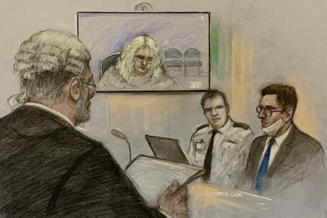 Court artist sketch by Elizabeth Cook of Ruth Neave, mother of Rikki Neave, appearing via video link in front of prosecutor John Price QC (left) at the Old Bailey, London, during the trial of James Watson (right) who is charged with the murder of the six-year-old who was found strangled in woodland 25 years ago, when the defendant was a boy of 13. Picture date: Thursday January 27, 2022.