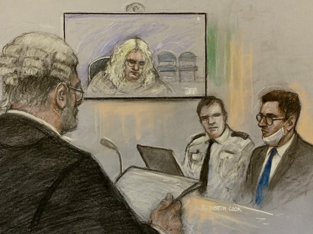 Court artist sketch by Elizabeth Cook of Ruth Neave, mother of Rikki Neave, appearing via video link in front of prosecutor John Price QC (left) at the Old Bailey, London, during the trial of James Watson (right) who is charged with the murder of the six-year-old who was found strangled in woodland 25 years ago, when the defendant was a boy of 13. Picture date: Thursday January 27, 2022.