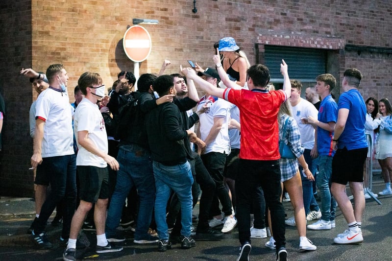 Fans celebrate on the streets of Leamington after England beat Ukraine 4-0.