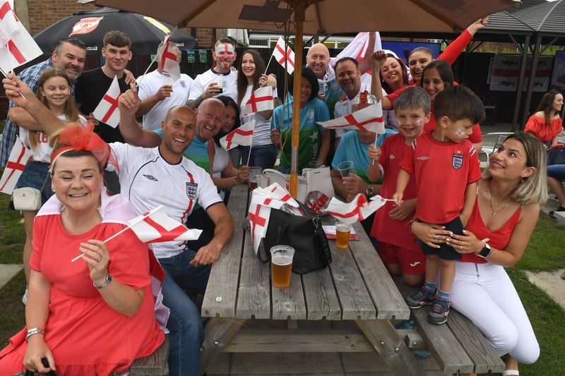 Supporters ready to cheer on England at the Euro 2020 final in Skegness.