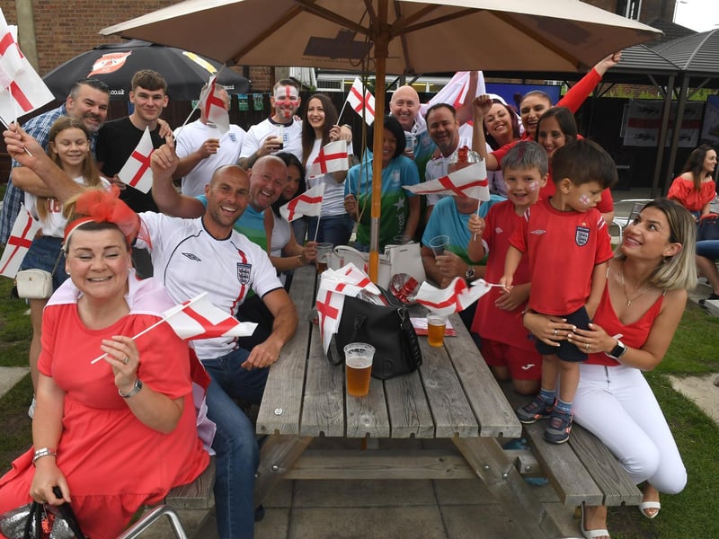 Supporters ready to cheer on England at the Euro 2020 final in Skegness.