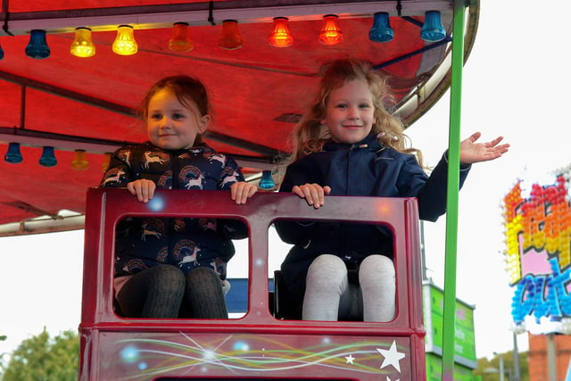 Zara and Evelyn enjoy the fun at the Chateau Le Fear Derry Halloween funfair in Ebrington Square. DER2142GS - 034