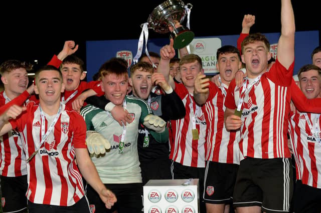Derry City’s Under 19 players celebrate their EA Sports U19 Enda McGuill Cup Final victory over Bohemians at the Brandywell Stadium on Wednesday night. Picture: George Sweeney. DER2143GS – 082