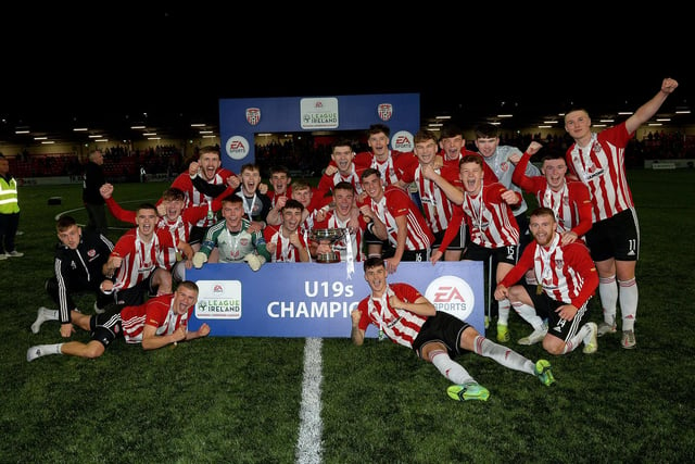 Derry City’s Under 19 players celebrate their EA Sports U19 Enda McGuill Cup Final victory over Bohemians at the Brandywell Stadium on Wednesday evening. Picture: George Sweeney.  DER2143GS – 083