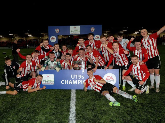 Derry City’s Under 19 players celebrate their EA Sports U19 Enda McGuill Cup Final victory over Bohemians at the Brandywell Stadium on Wednesday evening. Picture: George Sweeney. DER2143GS – 083